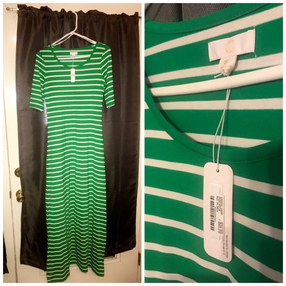 Green and white stripe maxi dress